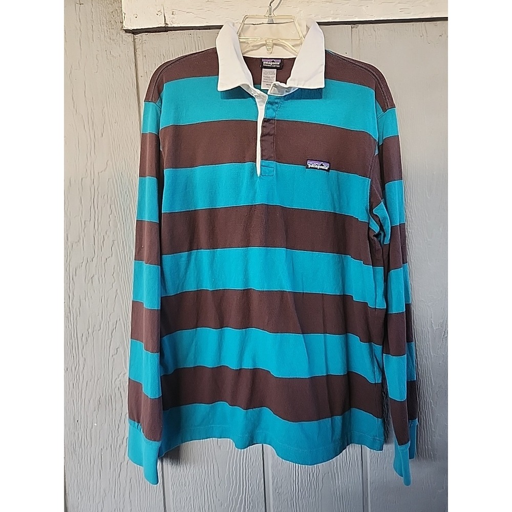 Patagonia Sender Rugby Shirt men's Medium Blue Brown Colorblock Organic y2k SZ L
